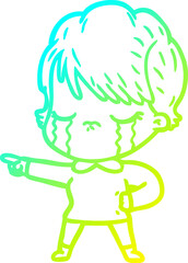 cold gradient line drawing of a cartoon woman crying