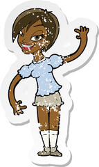 retro distressed sticker of a cartoon girl waving
