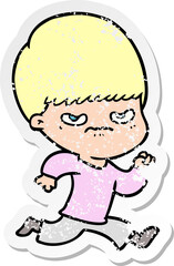 distressed sticker of a annoyed cartoon boy