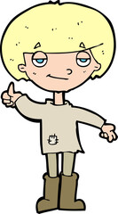 cartoon boy in poor clothing giving thumbs up symbol