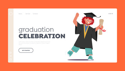 Graduation Celebration Landing Page Template. Kid Celebrates Academic Achievement, Proud Of Hard Work And Dedication