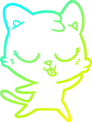 cold gradient line drawing of a happy cartoon cat