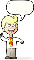 cartoon school boy raising hand with speech bubble