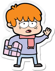 sticker of a cartoon exhausted boy
