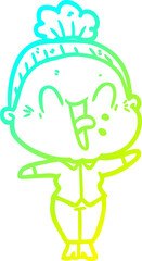 cold gradient line drawing of a cartoon happy old woman