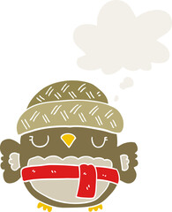 cute cartoon owl in hat with thought bubble in retro style