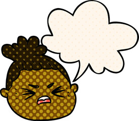 cartoon female face with speech bubble in comic book style