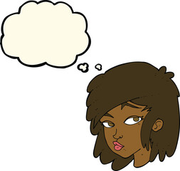 cartoon curious woman with thought bubble
