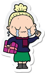 sticker of a cartoon crying old lady