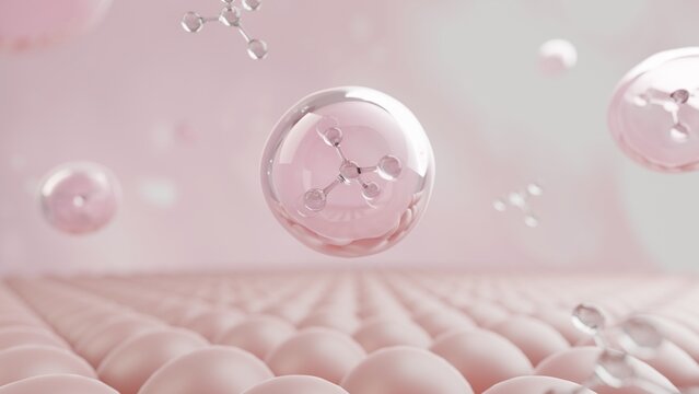 3d rendering molecule glass inside bubble drop above pink sphere skin.Beauty and cosmetic skin element conceptual.