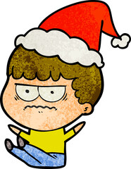 hand drawn textured cartoon of a annoyed man wearing santa hat