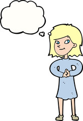 cartoon happy woman with thought bubble