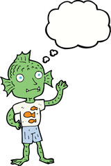cartoon waving fish boy with thought bubble
