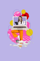 Vertical image poster artwork collage of unusual woman no face netbook instead head doc online...