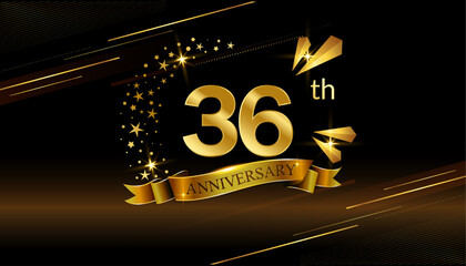 36th anniversary logo with golden ring, confetti and Gold ribbon isolated on elegant black background, sparkle, vector design for greeting card and invitation card