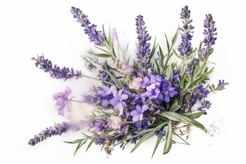 Isolated watercolor bouquet of lavender & violet summer flowers on white. Generative AI