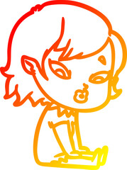 warm gradient line drawing of a cute cartoon vampire girl