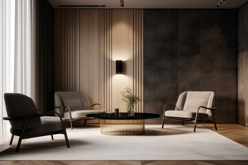 Modern lounge style with seating and table, blank wall. Generative AI
