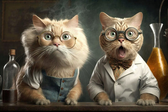 Cats dressed as scientists frightened in shock from a experiment results created with Generative AI technology