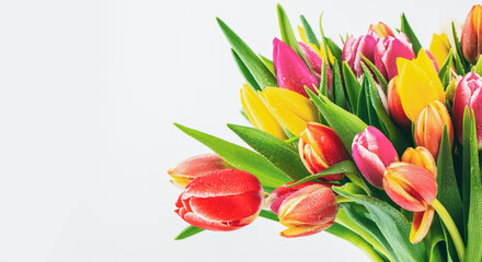 Colorful tulip flowers bouquet on white background with copyspace
