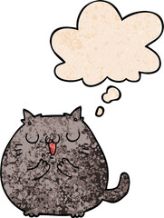 happy cartoon cat with thought bubble in grunge texture style