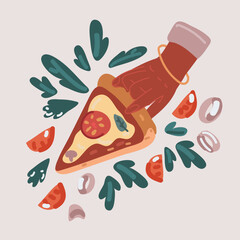 Vector illustration of Pizza slice holding by hand