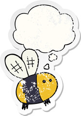 cartoon bee with thought bubble as a distressed worn sticker