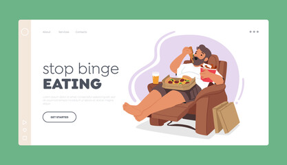 Stop Binge Eating Landing Page Template. Man Character With Obsessive Eating Addiction Lying on Armchair, Illustration