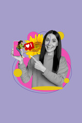 Creative artwork collage sketch of happy positive girl showing display small girl jump fly hold like card red symbol repost popular post