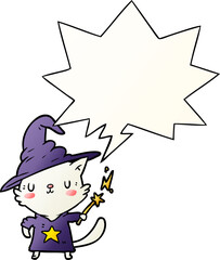 magical amazing cartoon cat wizard with speech bubble in smooth gradient style