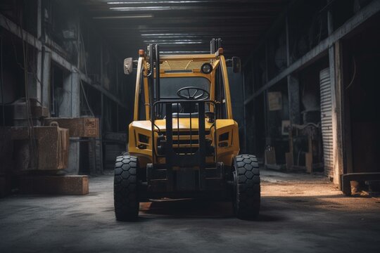 Front view of a yellow forklift truck with raised fork. Generative AI