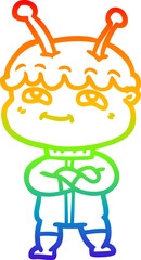 rainbow gradient line drawing of a friendly cartoon spaceman