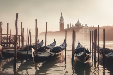 Watercolor painting of Venice with gondolas in the morning. Generative AI