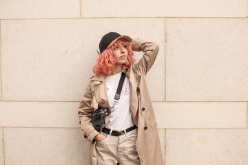 Portrait shooting of a stylish girl with pink hair. Beige shades. Trends of spring and summer 2023. Beige trench cloak with white t-shirt and beige pants. Black small belt bag. Black cap