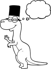 freehand drawn thought bubble cartoon dinosaur wearing top hat