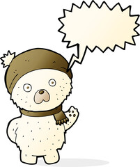 cartoon cute polar bear in winter hat and scarf with speech bubble