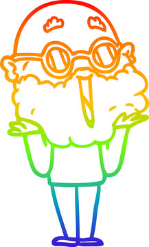 recommend clip art: rainbow gradient line drawing of a cartoon joyful man with beard shrugging