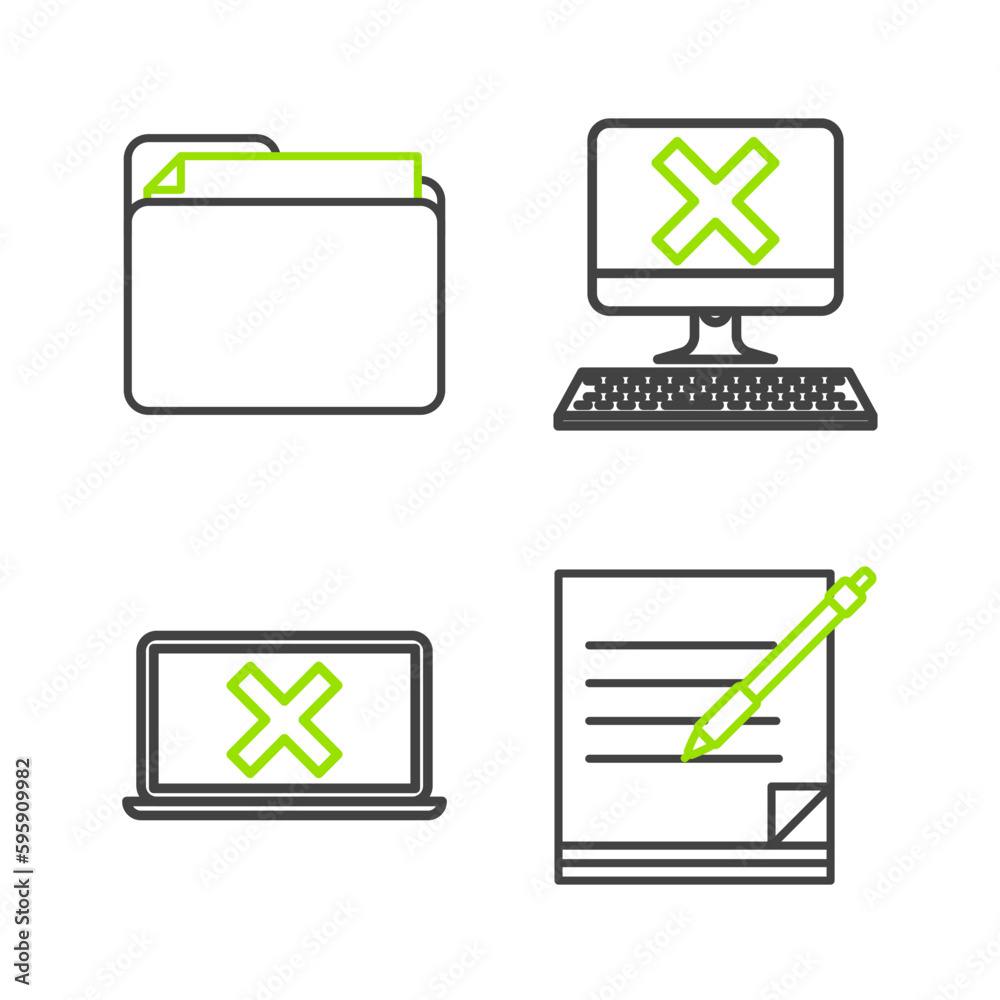 Poster set line blank notebook and pen, laptop cross mark on screen, computer with keyboard x and document 
