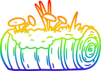 rainbow gradient line drawing of a cartoon old log with mushrooms