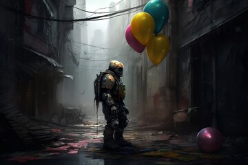 Fototapeta premium a cyberpunk robot in the middle of a post apocalyptic destroyed city, it's holding some colorful balloons. generative AI