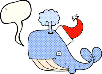 freehand drawn comic book speech bubble cartoon whale wearing christmas hat