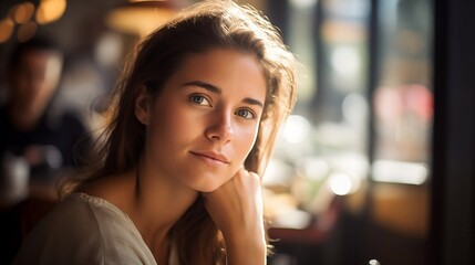 Attractive young woman keeping eye contact with you - AI Portrait Photography - obrazy, fototapety, plakaty