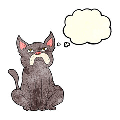 cartoon grumpy little dog with thought bubble
