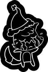 crying fox quirky cartoon icon of a wearing santa hat