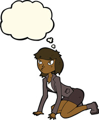 cartoon woman on hands and knees with thought bubble