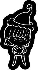 annoyed quirky cartoon icon of a girl wearing santa hat
