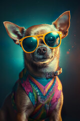 Chihuahua dog wearing glasses with cool accessories, Generative AI