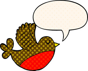 cartoon flying bird with speech bubble in comic book style