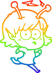 rainbow gradient line drawing of a cartoon alien girl