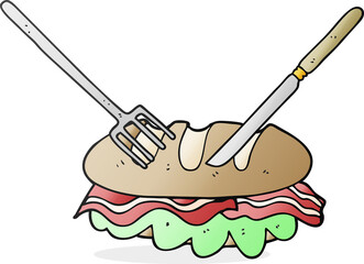 freehand drawn cartoon knife and fork cutting huge sandwich